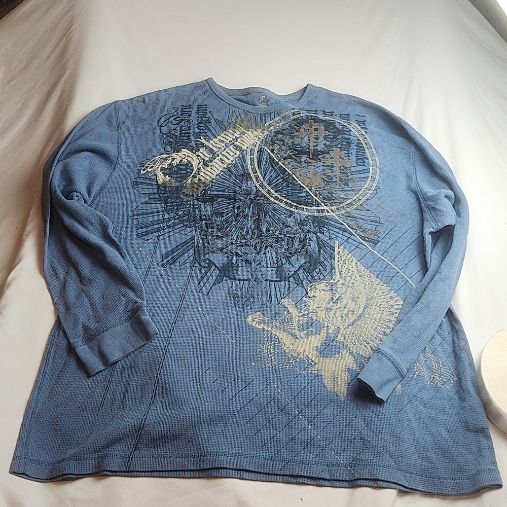 J. Ferrar Thermal Long Sleeve Graphic Shirt Wolf Skull Blue Men's Size 2XL